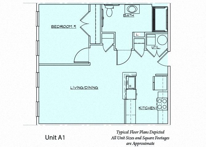 Floor plan for 1 bed, 1 bath, 709 sqft